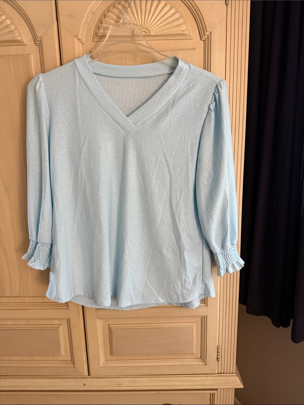 Light Blue V-Neck Smocked Cuff Blouse